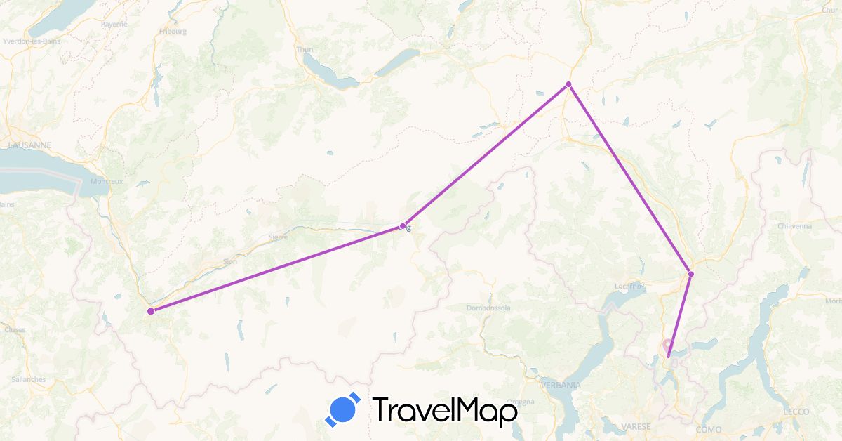 TravelMap itinerary: train in Switzerland (Europe)